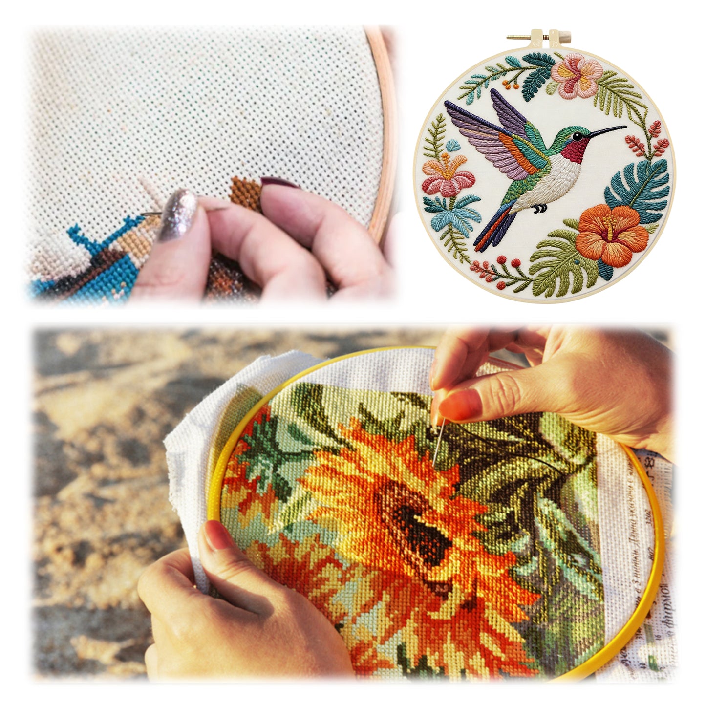 Hummingbird Garden - DIY Embroidery Cross Stitch Kit with Pattern Cotton Threads Needles Hoop 29x29CM/11.42x11.42in