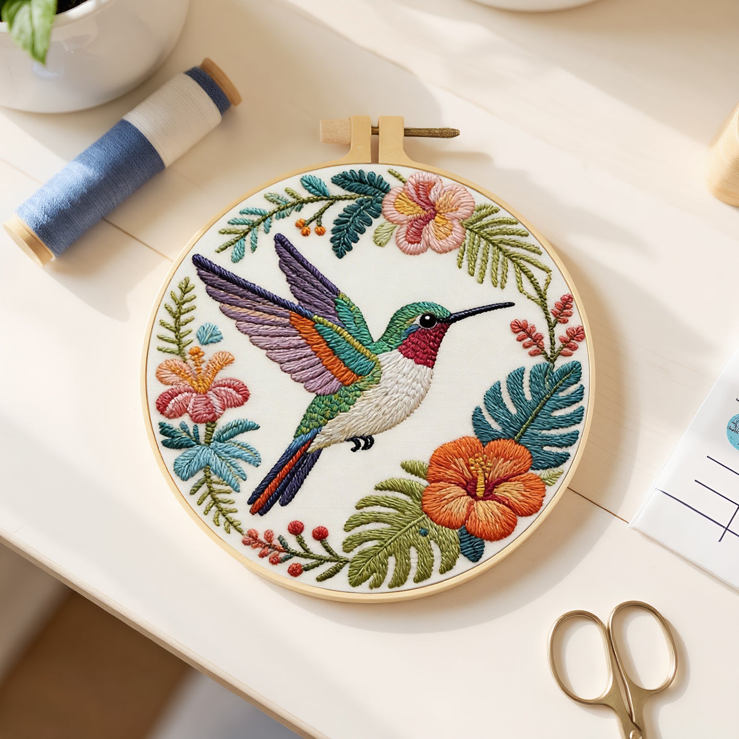 Hummingbird Garden - DIY Embroidery Cross Stitch Kit with Pattern Cotton Threads Needles Hoop 29x29CM/11.42x11.42in