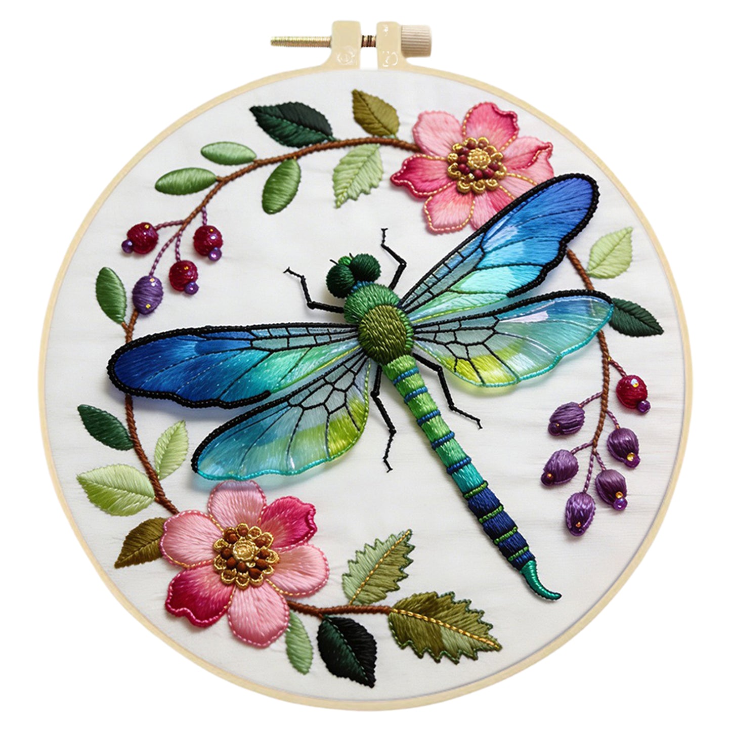 Dragonfly Floral - DIY Embroidery Cross Stitch Kit with Pattern Cotton Threads Needles Hoop 29x29CM/11.42x11.42in
