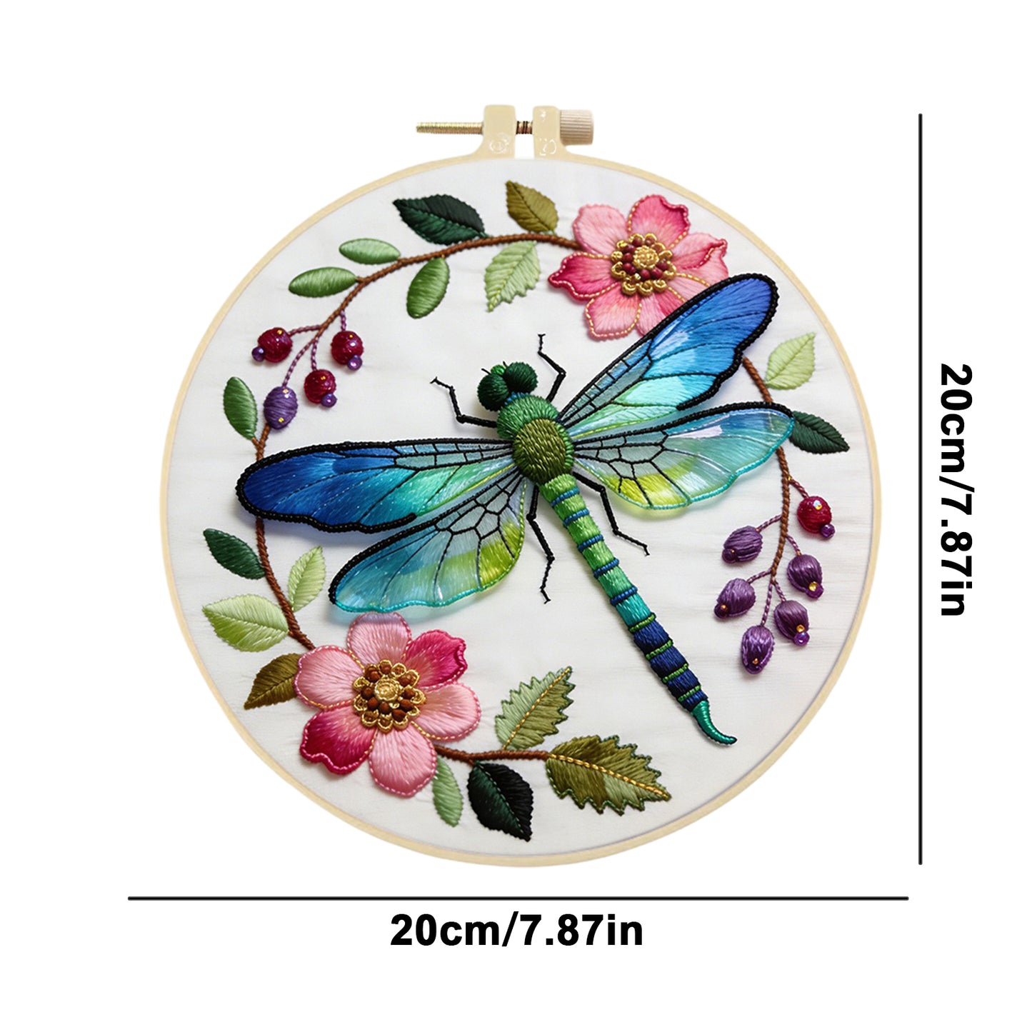 Dragonfly Floral - DIY Embroidery Cross Stitch Kit with Pattern Cotton Threads Needles Hoop 29x29CM/11.42x11.42in