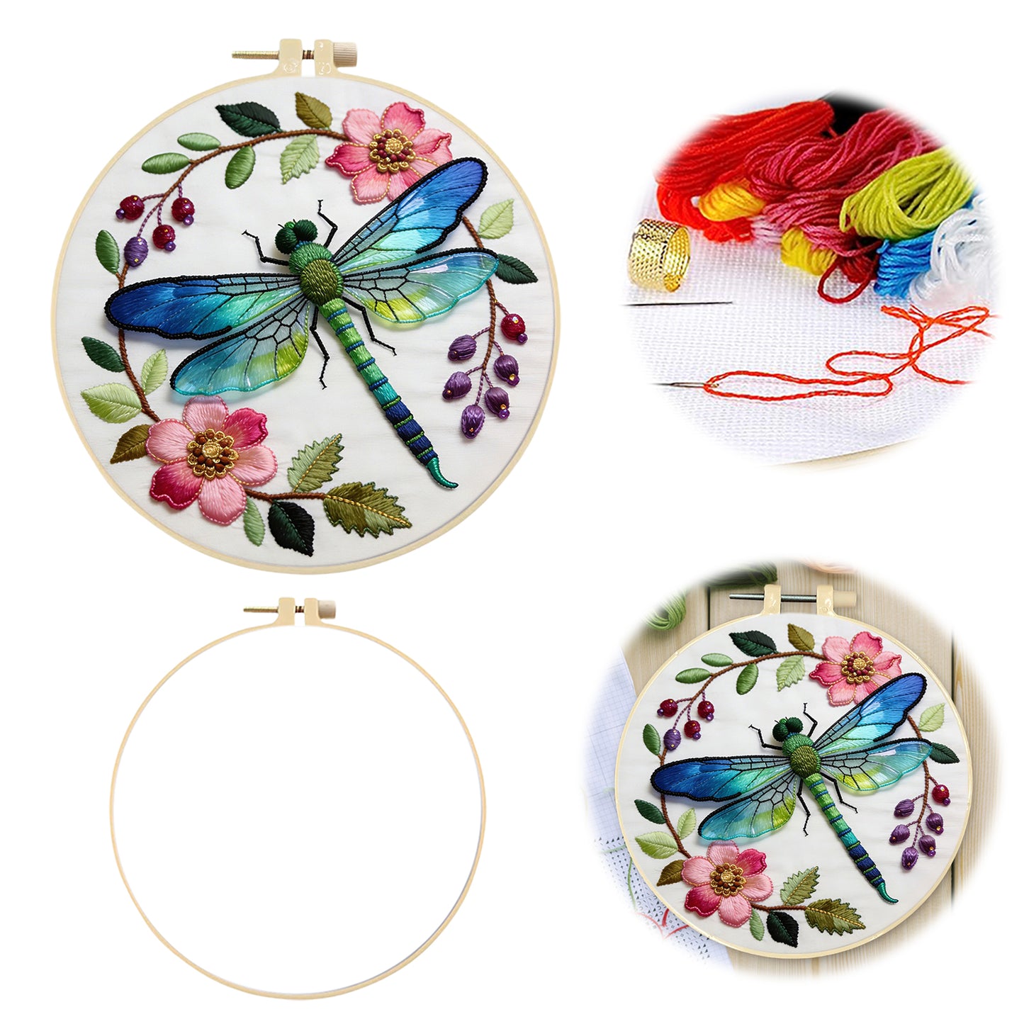 Dragonfly Floral - DIY Embroidery Cross Stitch Kit with Pattern Cotton Threads Needles Hoop 29x29CM/11.42x11.42in