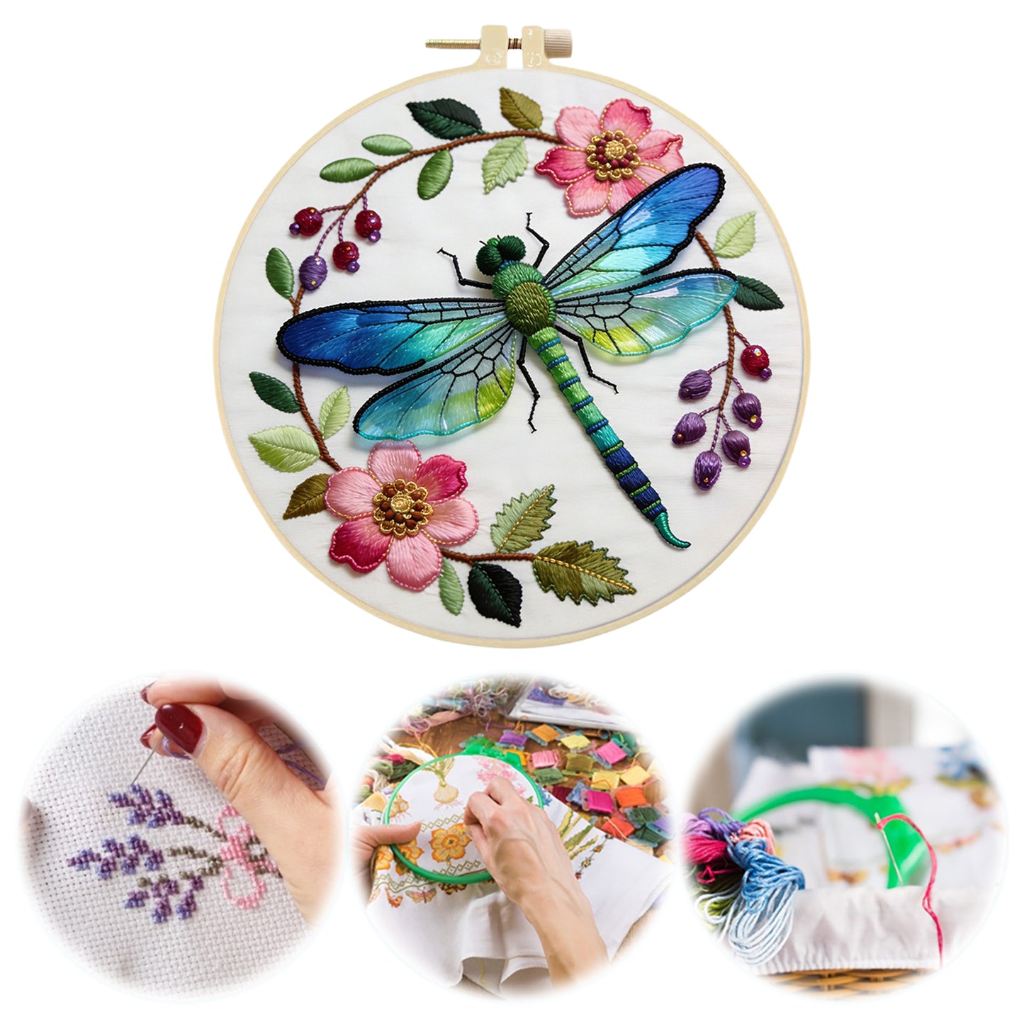 Dragonfly Floral - DIY Embroidery Cross Stitch Kit with Pattern Cotton Threads Needles Hoop 29x29CM/11.42x11.42in