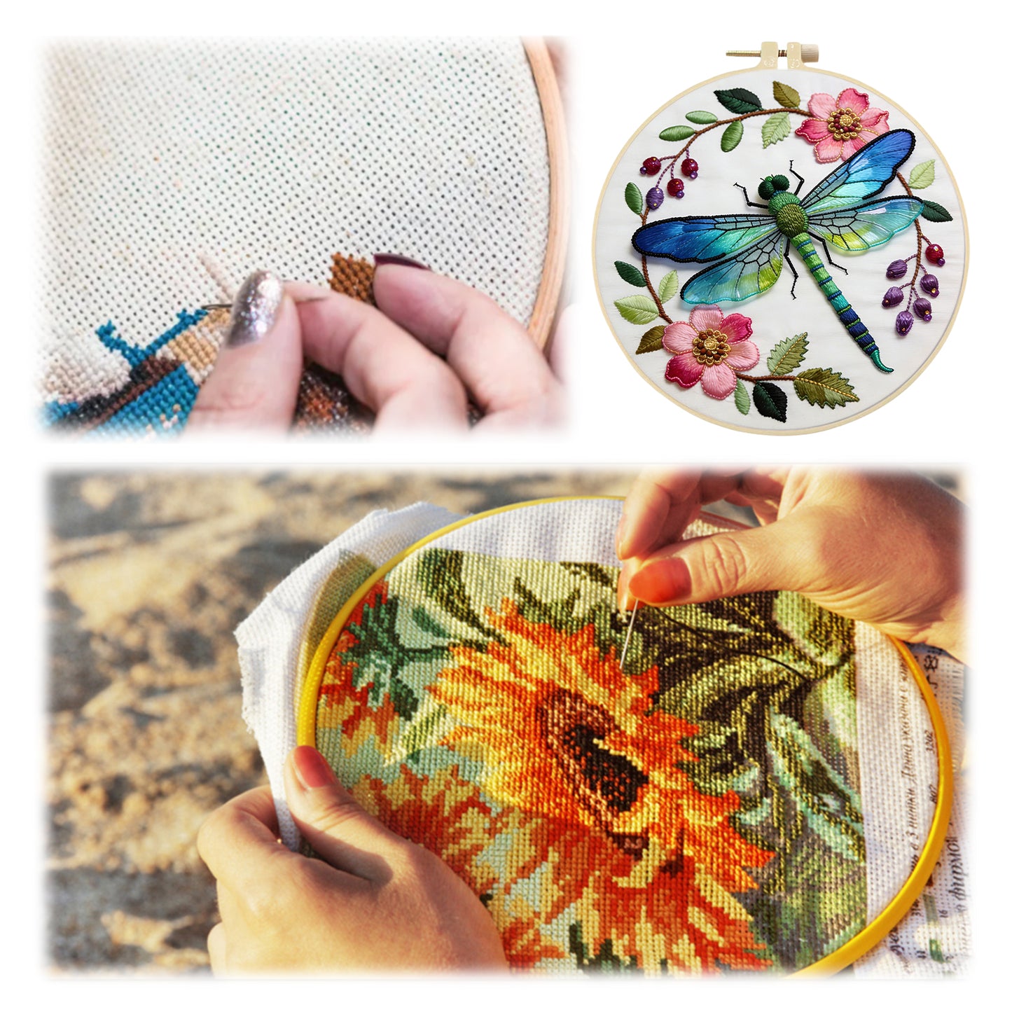 Dragonfly Floral - DIY Embroidery Cross Stitch Kit with Pattern Cotton Threads Needles Hoop 29x29CM/11.42x11.42in