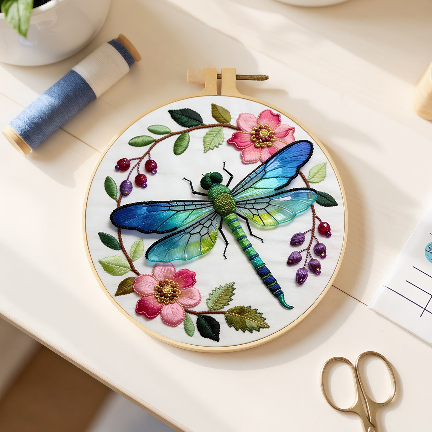 Dragonfly Floral - DIY Embroidery Cross Stitch Kit with Pattern Cotton Threads Needles Hoop 29x29CM/11.42x11.42in