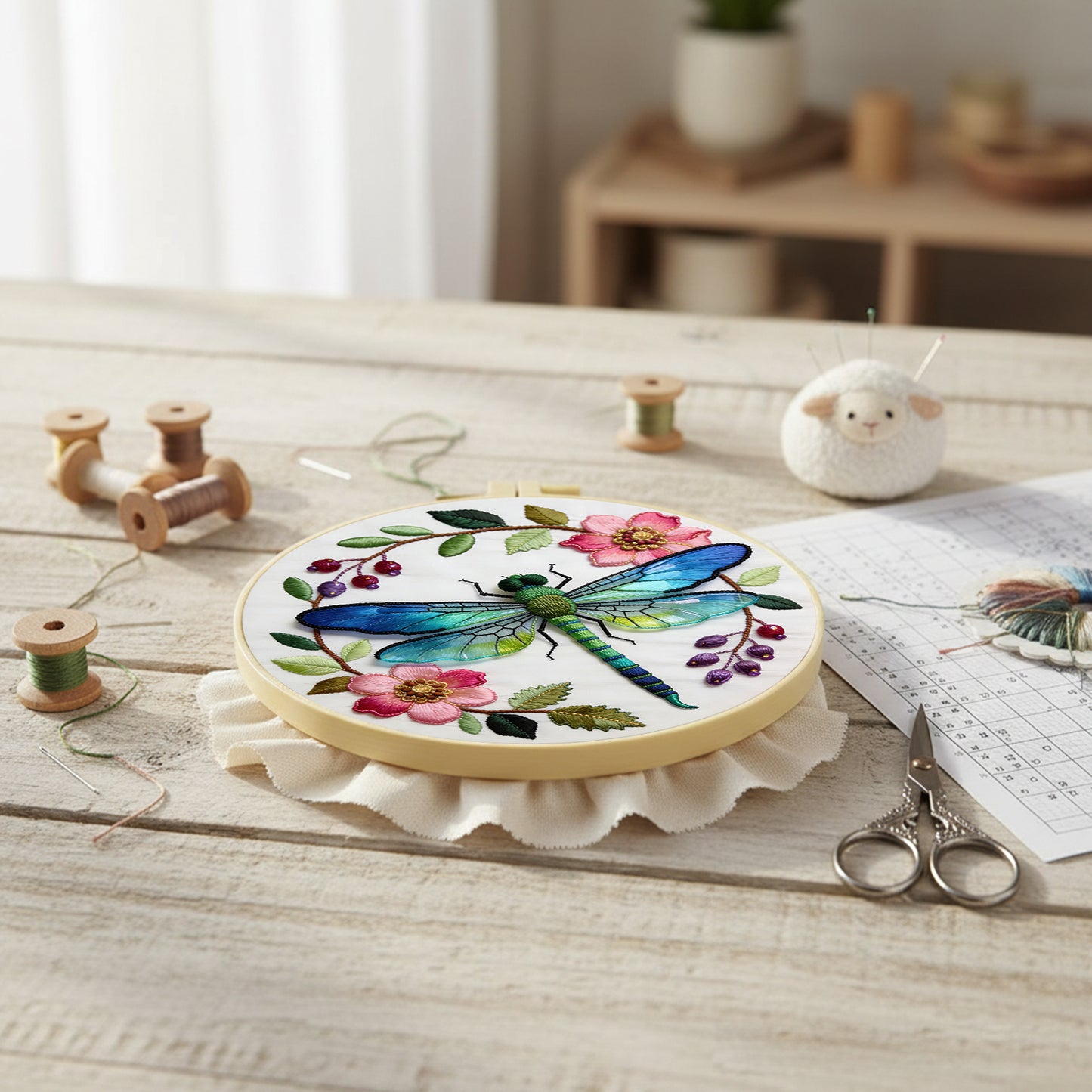 Dragonfly Floral - DIY Embroidery Cross Stitch Kit with Pattern Cotton Threads Needles Hoop 29x29CM/11.42x11.42in