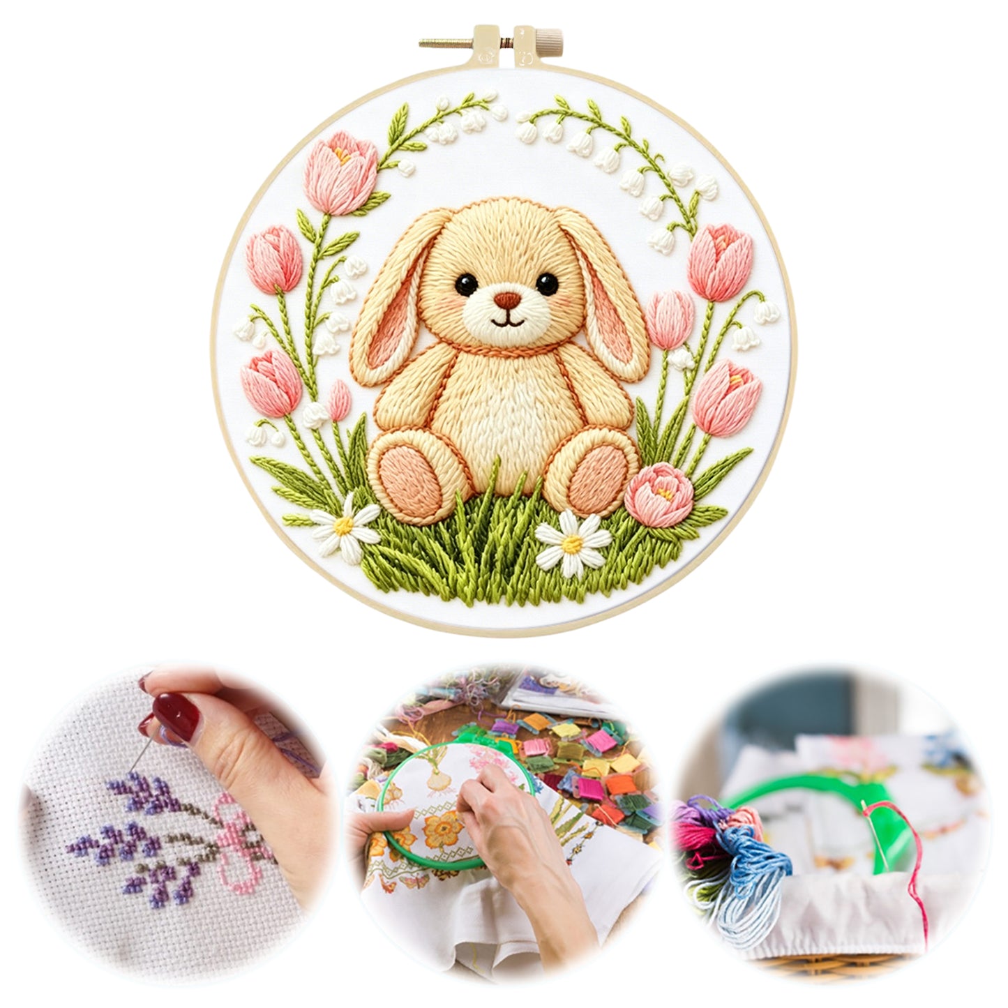 Rabbit - DIY Embroidery Cross Stitch Kit with Pattern Cotton Threads Needles Hoop 29x29CM/11.42x11.42in