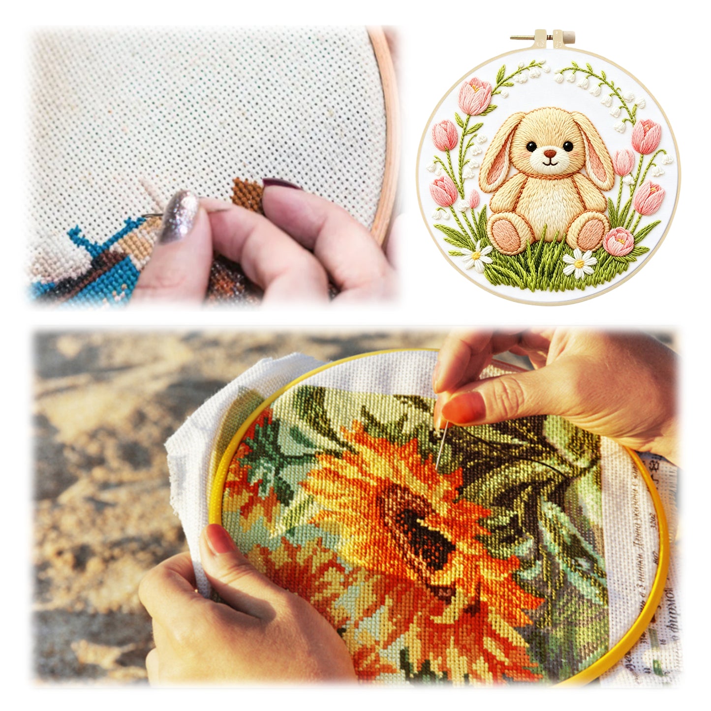 Rabbit - DIY Embroidery Cross Stitch Kit with Pattern Cotton Threads Needles Hoop 29x29CM/11.42x11.42in