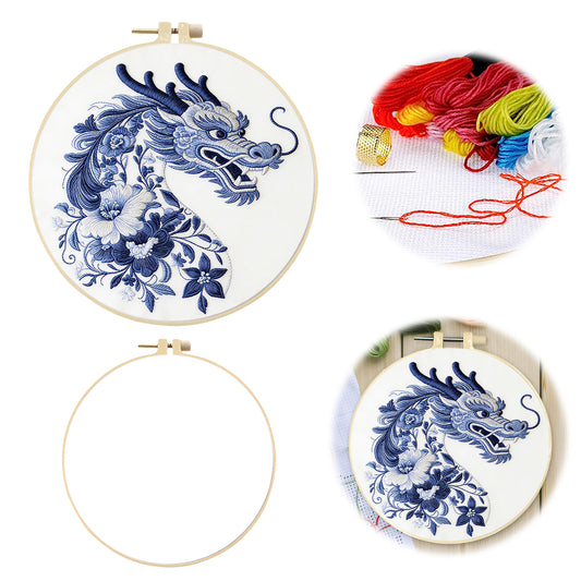 Blue Dragon - DIY Embroidery Cross Stitch Kit with Pattern Cotton Threads Needles Hoop 29x29CM/11.42x11.42in