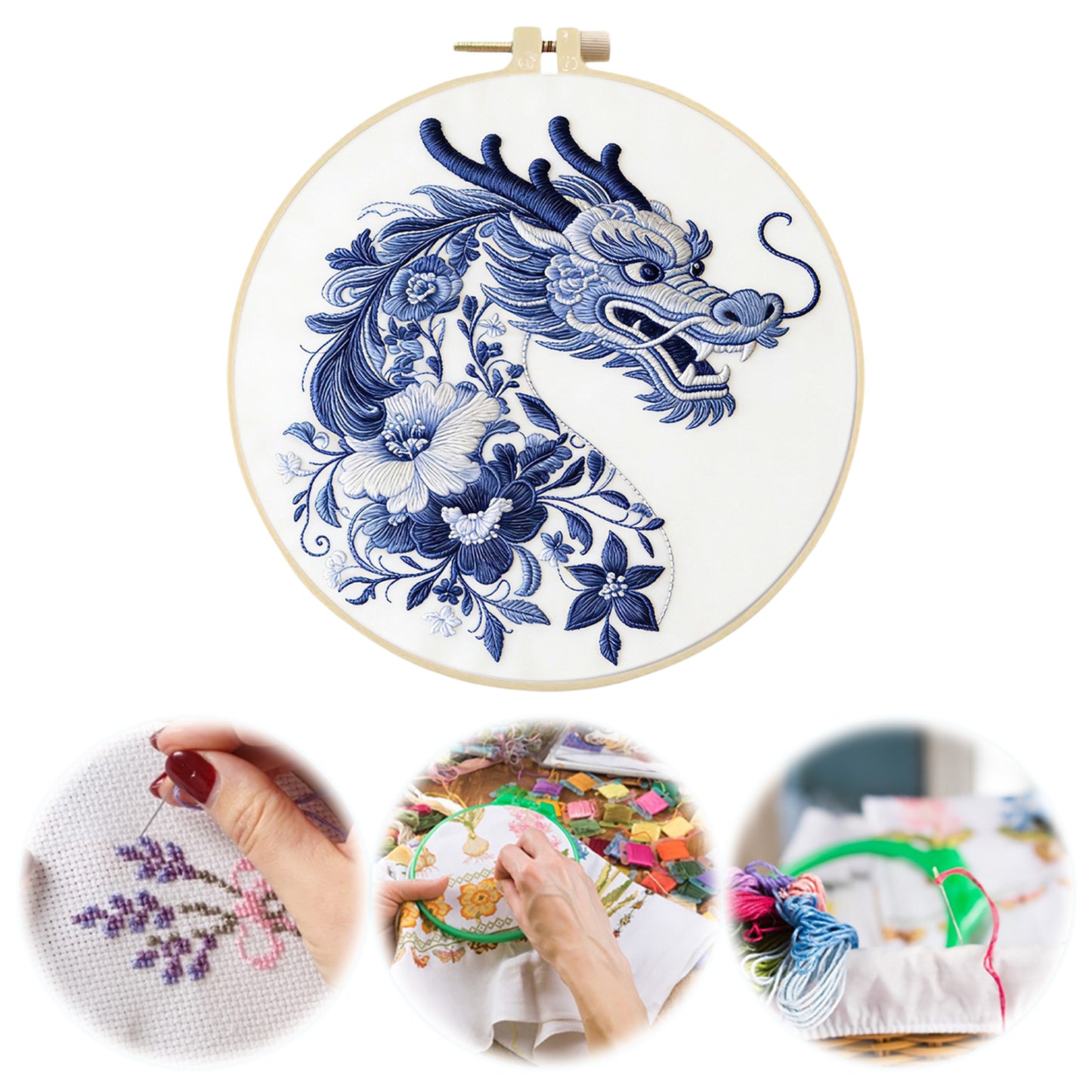 Blue Dragon - DIY Embroidery Cross Stitch Kit with Pattern Cotton Threads Needles Hoop 29x29CM/11.42x11.42in