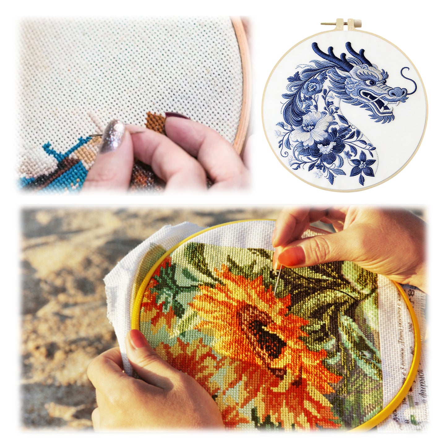 Blue Dragon - DIY Embroidery Cross Stitch Kit with Pattern Cotton Threads Needles Hoop 29x29CM/11.42x11.42in