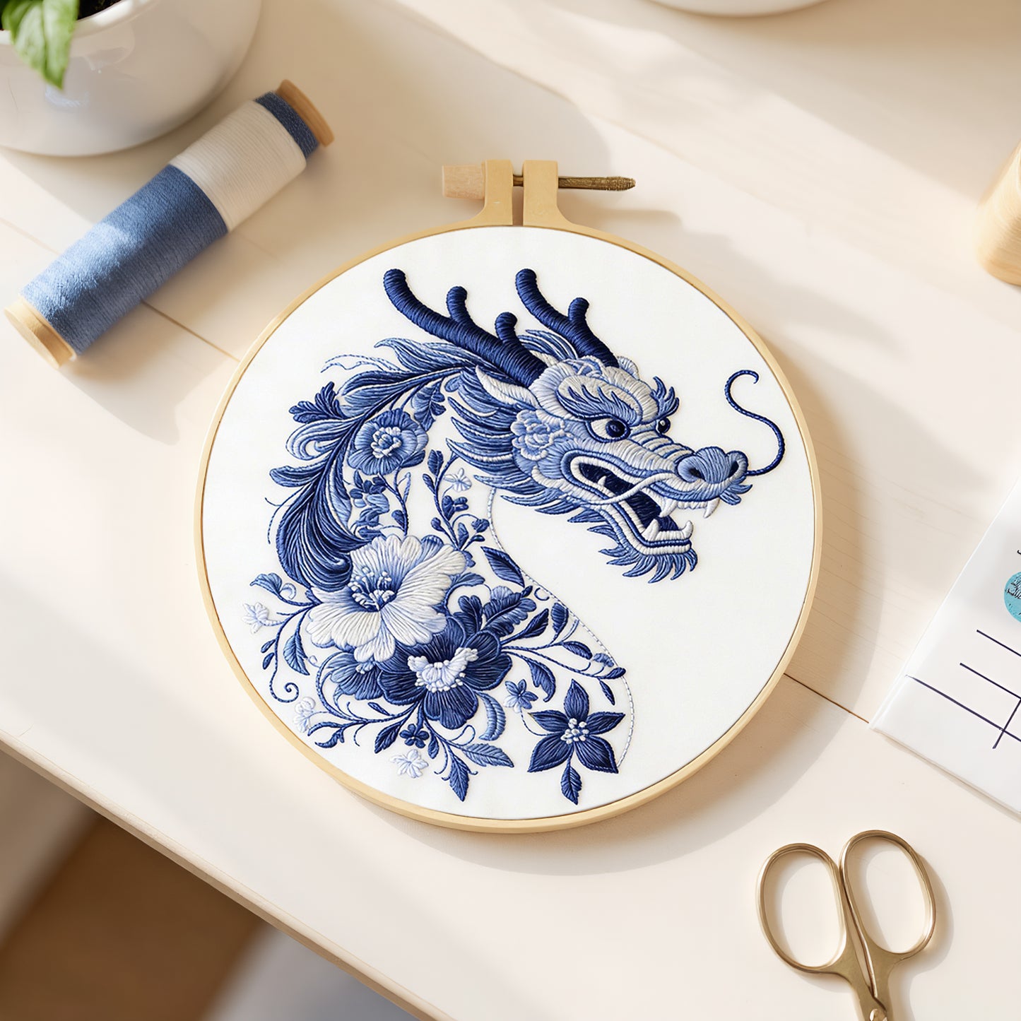 Blue Dragon - DIY Embroidery Cross Stitch Kit with Pattern Cotton Threads Needles Hoop 29x29CM/11.42x11.42in