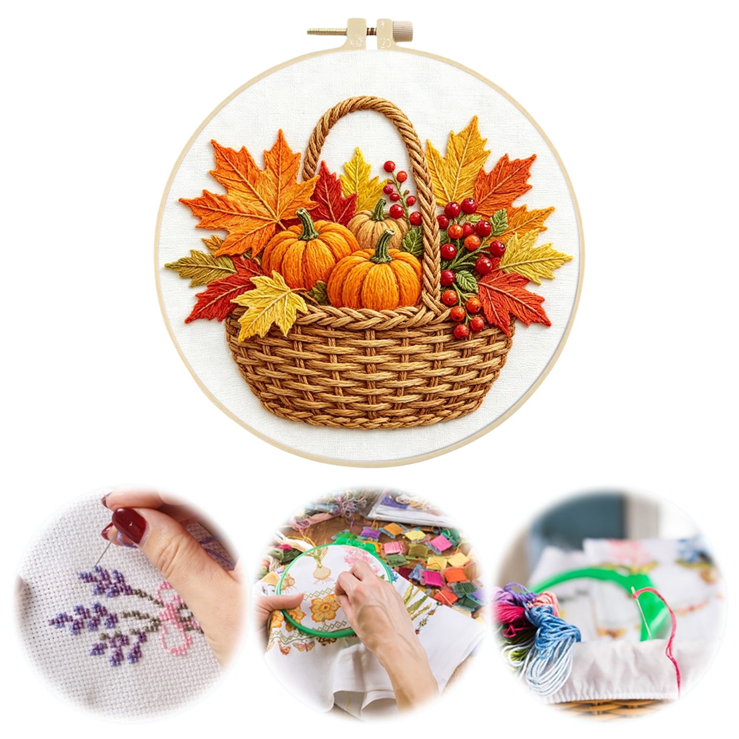 Autumn Harvest - DIY Embroidery Cross Stitch Kit with Pattern Cotton Threads Needles Hoop 29x29CM/11.42x11.42in