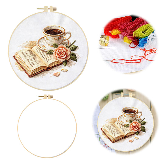 Coffee And Pages - DIY Embroidery Cross Stitch Kit with Pattern Cotton Threads Needles Hoop 29x29CM/11.42x11.42in