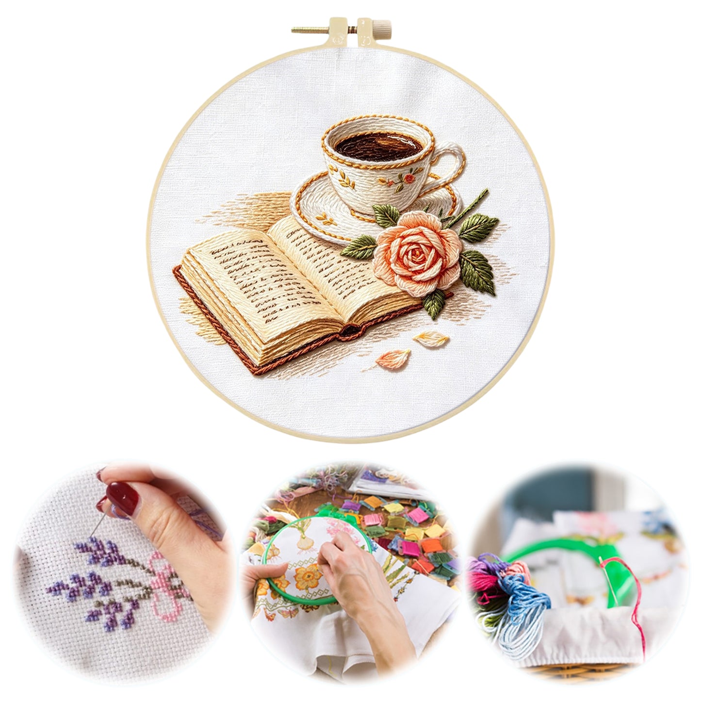 Coffee And Pages - DIY Embroidery Cross Stitch Kit with Pattern Cotton Threads Needles Hoop 29x29CM/11.42x11.42in
