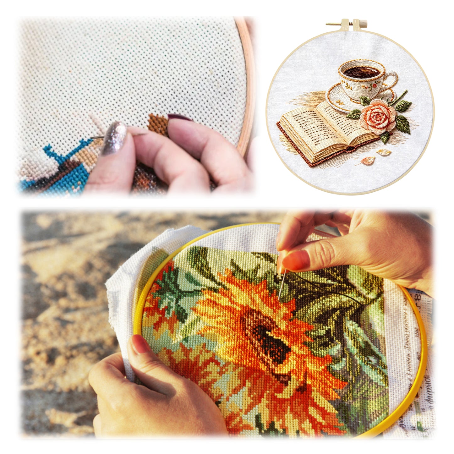 Coffee And Pages - DIY Embroidery Cross Stitch Kit with Pattern Cotton Threads Needles Hoop 29x29CM/11.42x11.42in