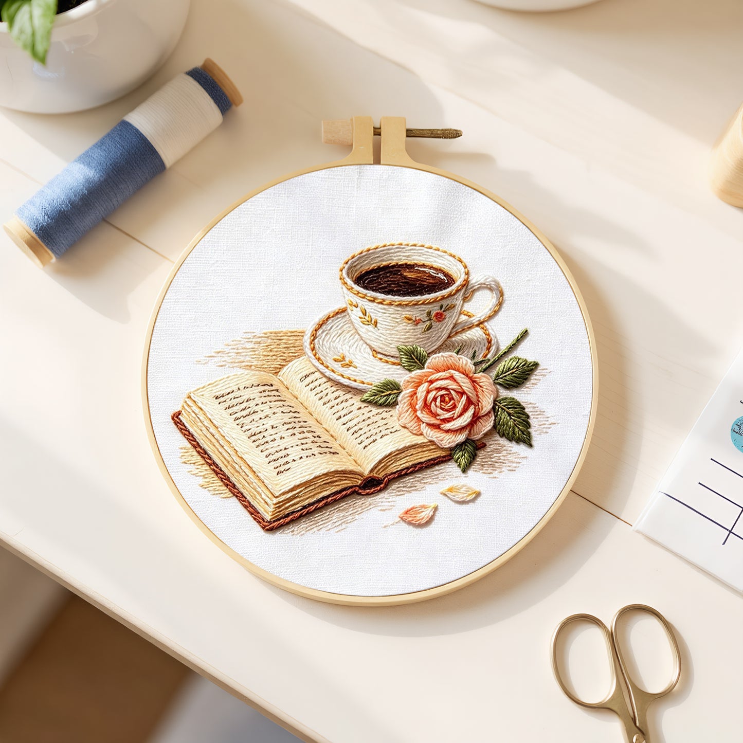 Coffee And Pages - DIY Embroidery Cross Stitch Kit with Pattern Cotton Threads Needles Hoop 29x29CM/11.42x11.42in