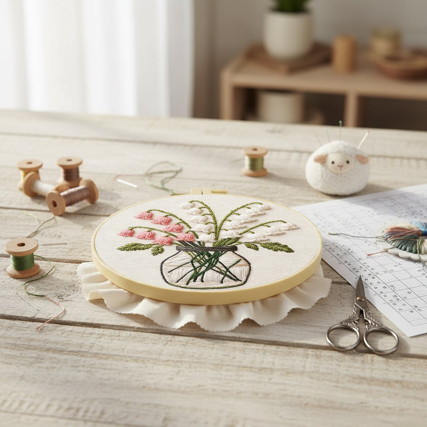 Lily Of The Valley - DIY Embroidery Cross Stitch Kit with Pattern Cotton Threads Needles Hoop 29x29CM/11.42x11.42in