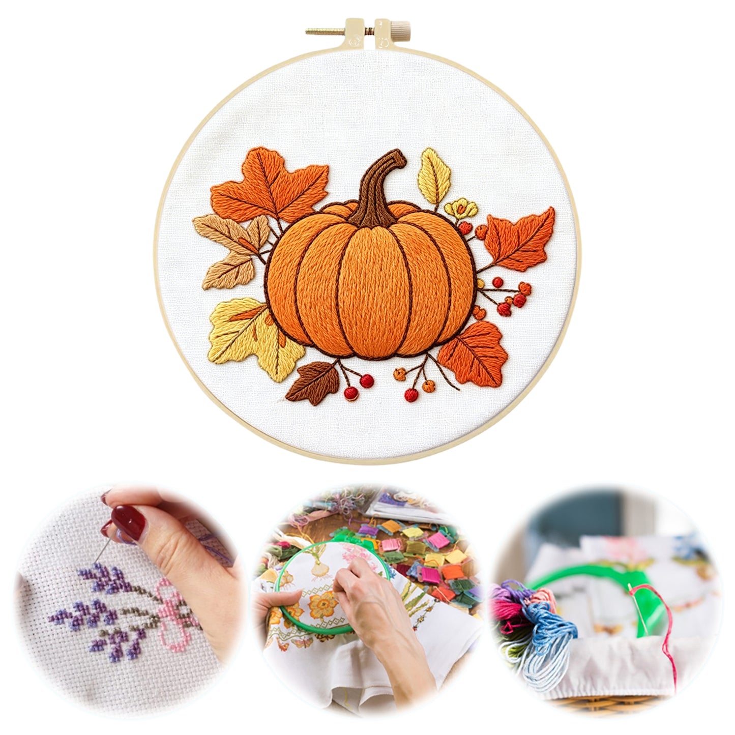 Pumpkin - DIY Embroidery Cross Stitch Kit with Pattern Cotton Threads Needles Hoop 29x29CM/11.42x11.42in