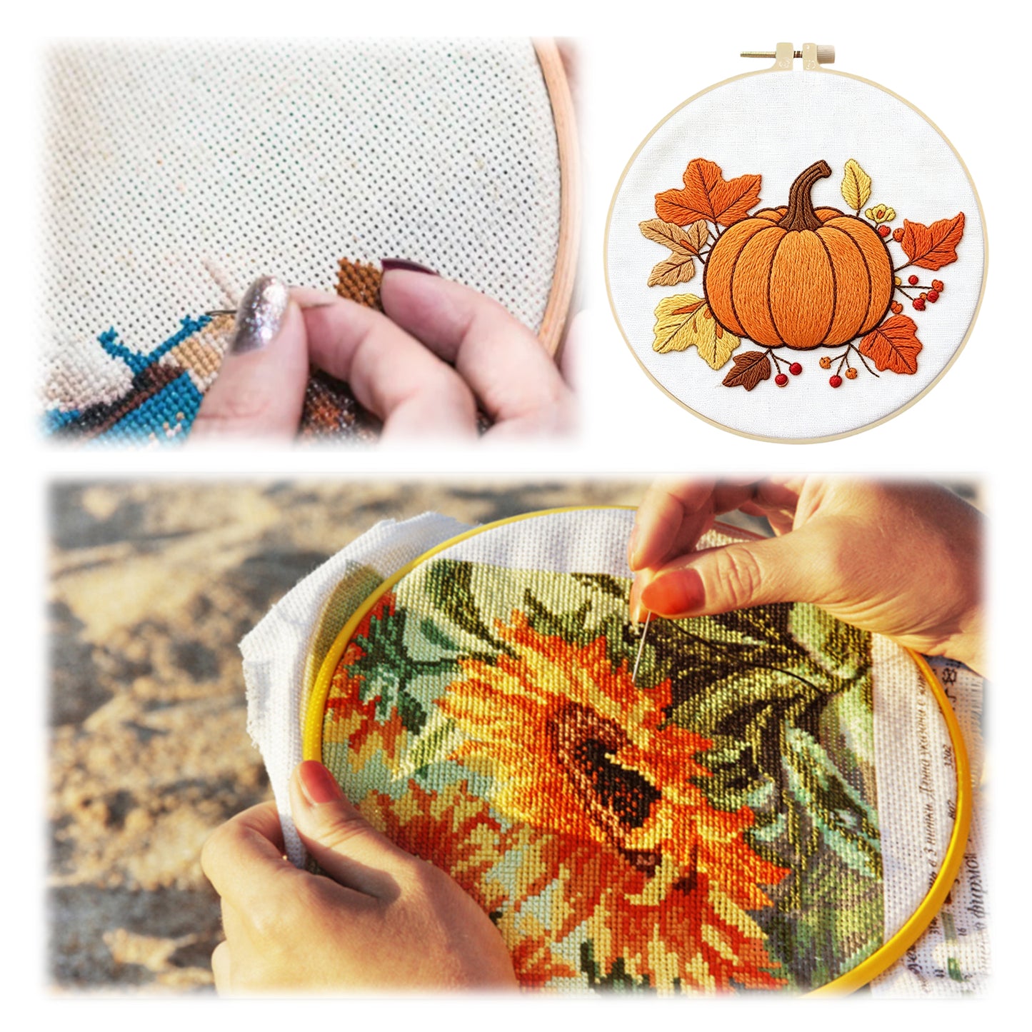 Pumpkin - DIY Embroidery Cross Stitch Kit with Pattern Cotton Threads Needles Hoop 29x29CM/11.42x11.42in