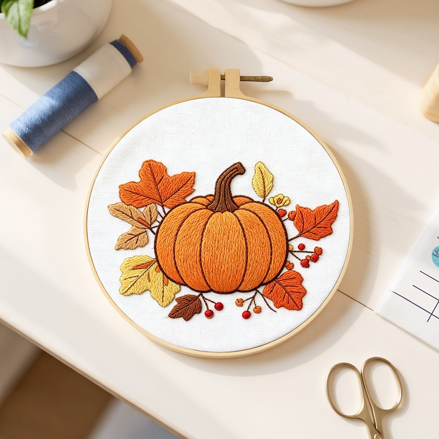 Pumpkin - DIY Embroidery Cross Stitch Kit with Pattern Cotton Threads Needles Hoop 29x29CM/11.42x11.42in