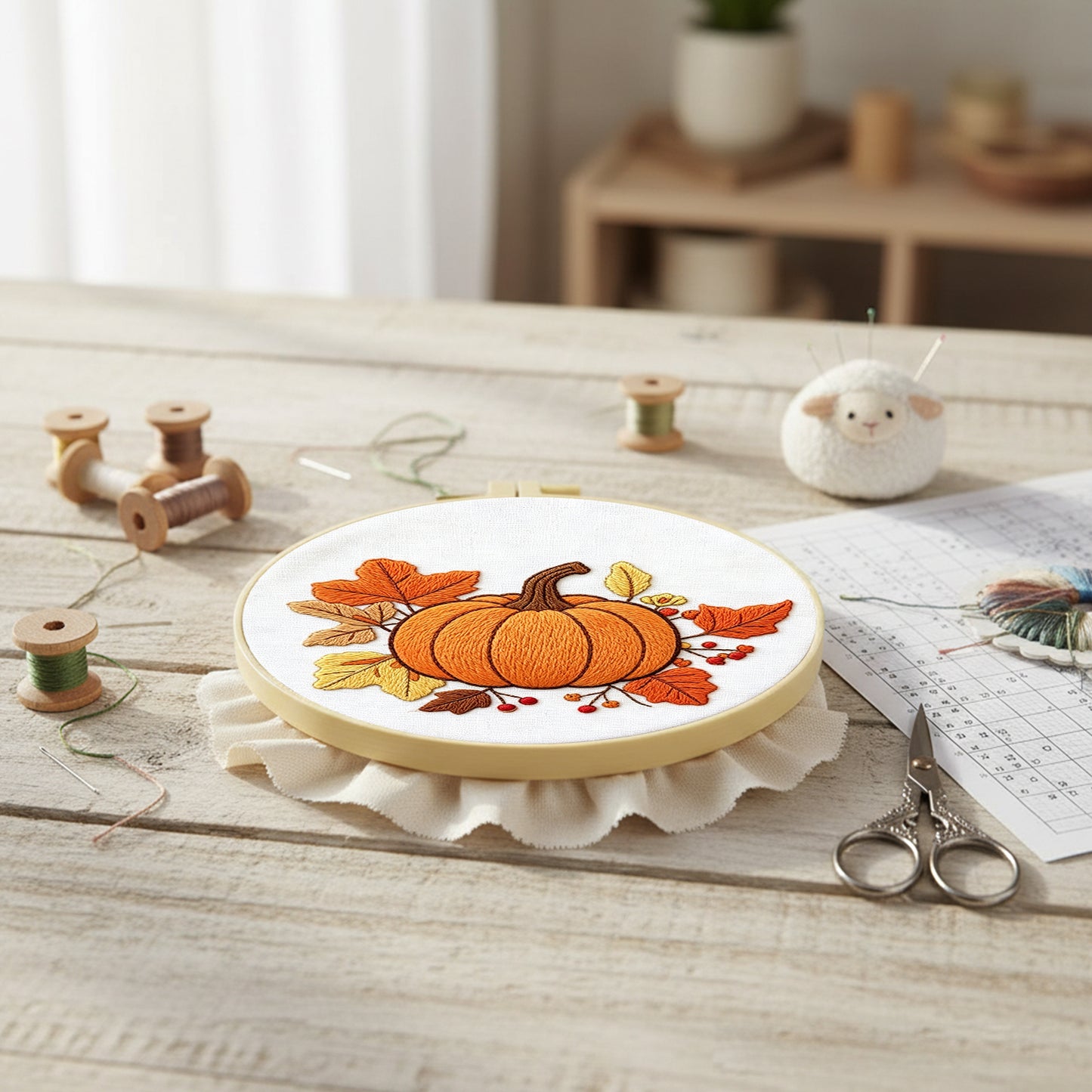 Pumpkin - DIY Embroidery Cross Stitch Kit with Pattern Cotton Threads Needles Hoop 29x29CM/11.42x11.42in