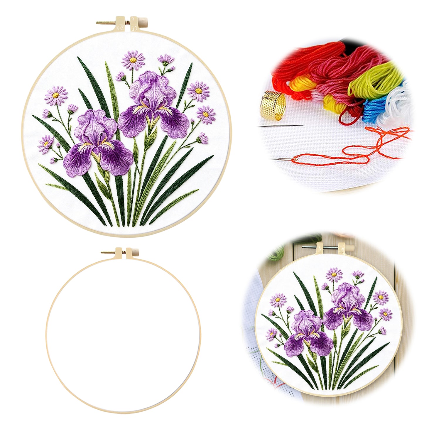 Purple Iris - DIY Embroidery Cross Stitch Kit with Pattern Cotton Threads Needles Hoop 29x29CM/11.42x11.42in