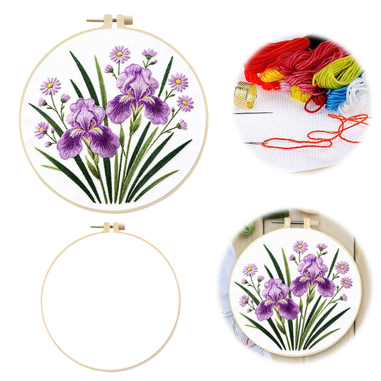 Purple Iris - DIY Embroidery Cross Stitch Kit with Pattern Cotton Threads Needles Hoop 29x29CM/11.42x11.42in