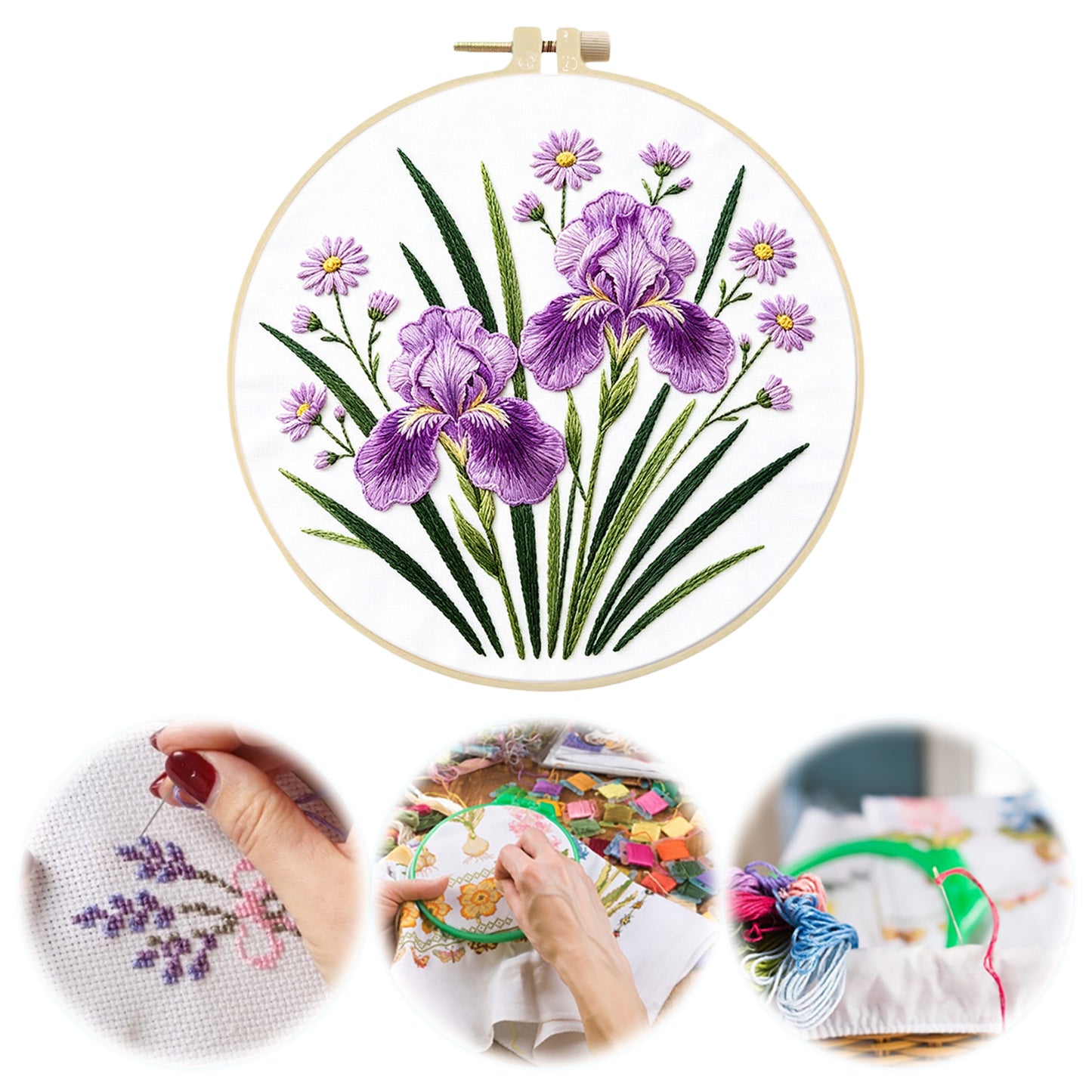 Purple Iris - DIY Embroidery Cross Stitch Kit with Pattern Cotton Threads Needles Hoop 29x29CM/11.42x11.42in