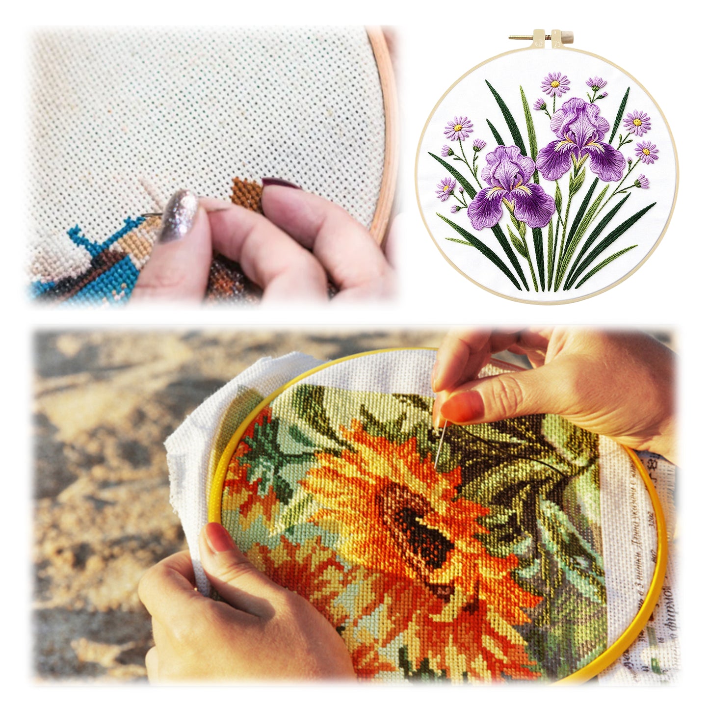 Purple Iris - DIY Embroidery Cross Stitch Kit with Pattern Cotton Threads Needles Hoop 29x29CM/11.42x11.42in