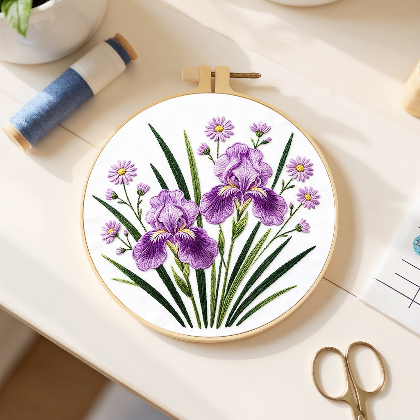 Purple Iris - DIY Embroidery Cross Stitch Kit with Pattern Cotton Threads Needles Hoop 29x29CM/11.42x11.42in