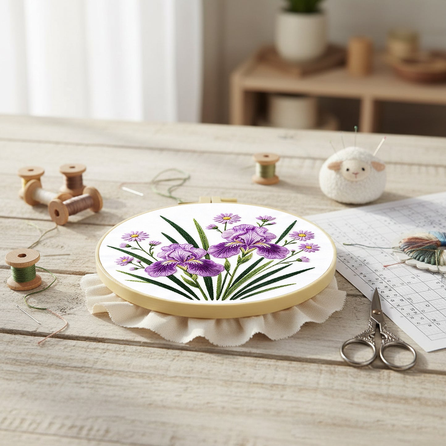 Purple Iris - DIY Embroidery Cross Stitch Kit with Pattern Cotton Threads Needles Hoop 29x29CM/11.42x11.42in