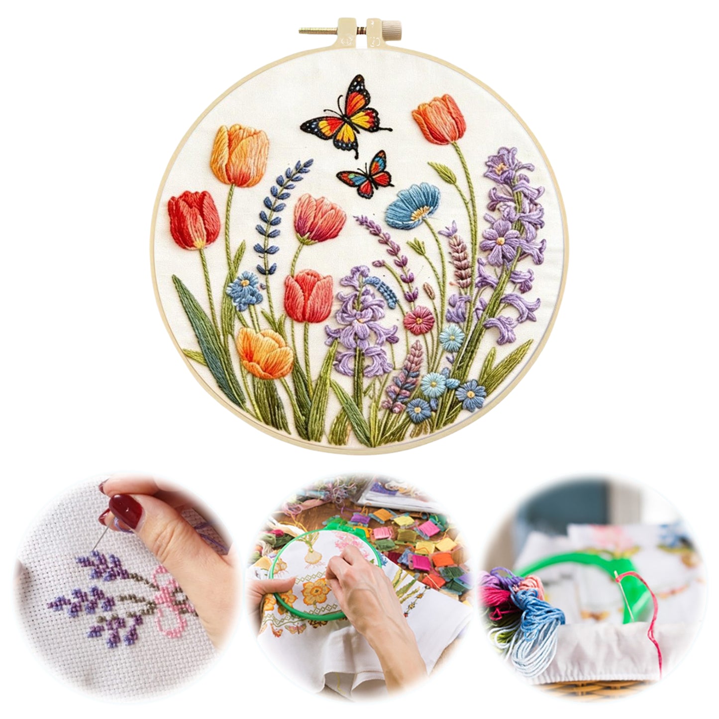 Spring Meadow - DIY Embroidery Cross Stitch Kit with Pattern Cotton Threads Needles Hoop 29x29CM/11.42x11.42in