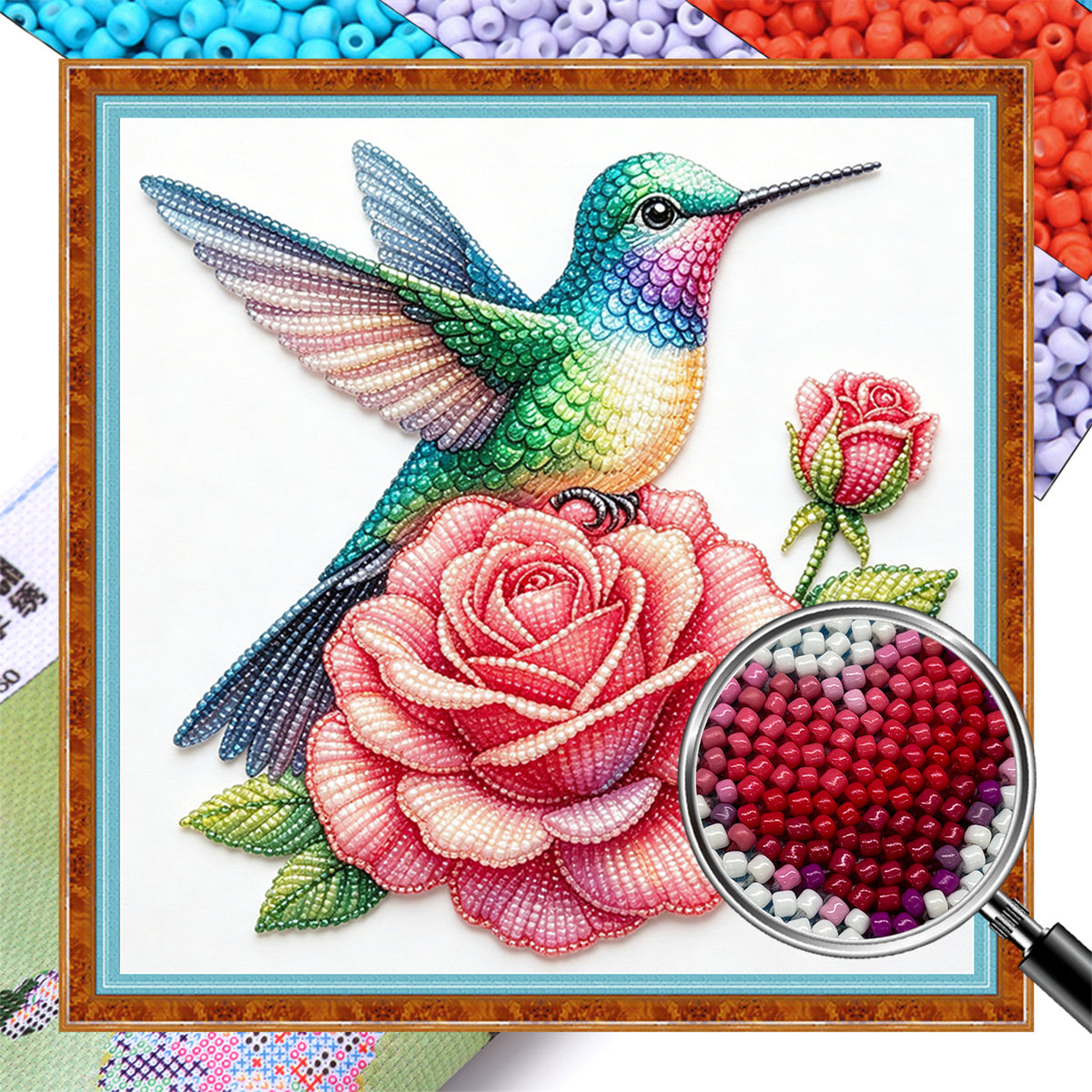 Humming Rose - Partial 11CT Stamped Cross Stitch - Bead Embroidery 36×36CM/14.17×14.17in