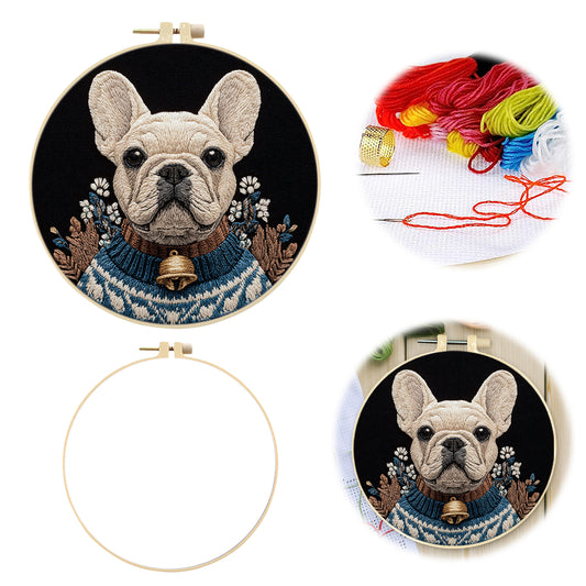 Cozy Frenchie - DIY Embroidery Cross Stitch Kit with Pattern Cotton Threads Needles Hoop 30x30CM/11.81x11.81in