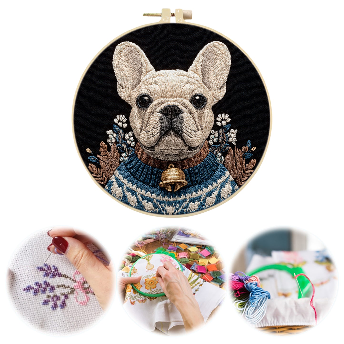 Cozy Frenchie - DIY Embroidery Cross Stitch Kit with Pattern Cotton Threads Needles Hoop 30x30CM/11.81x11.81in