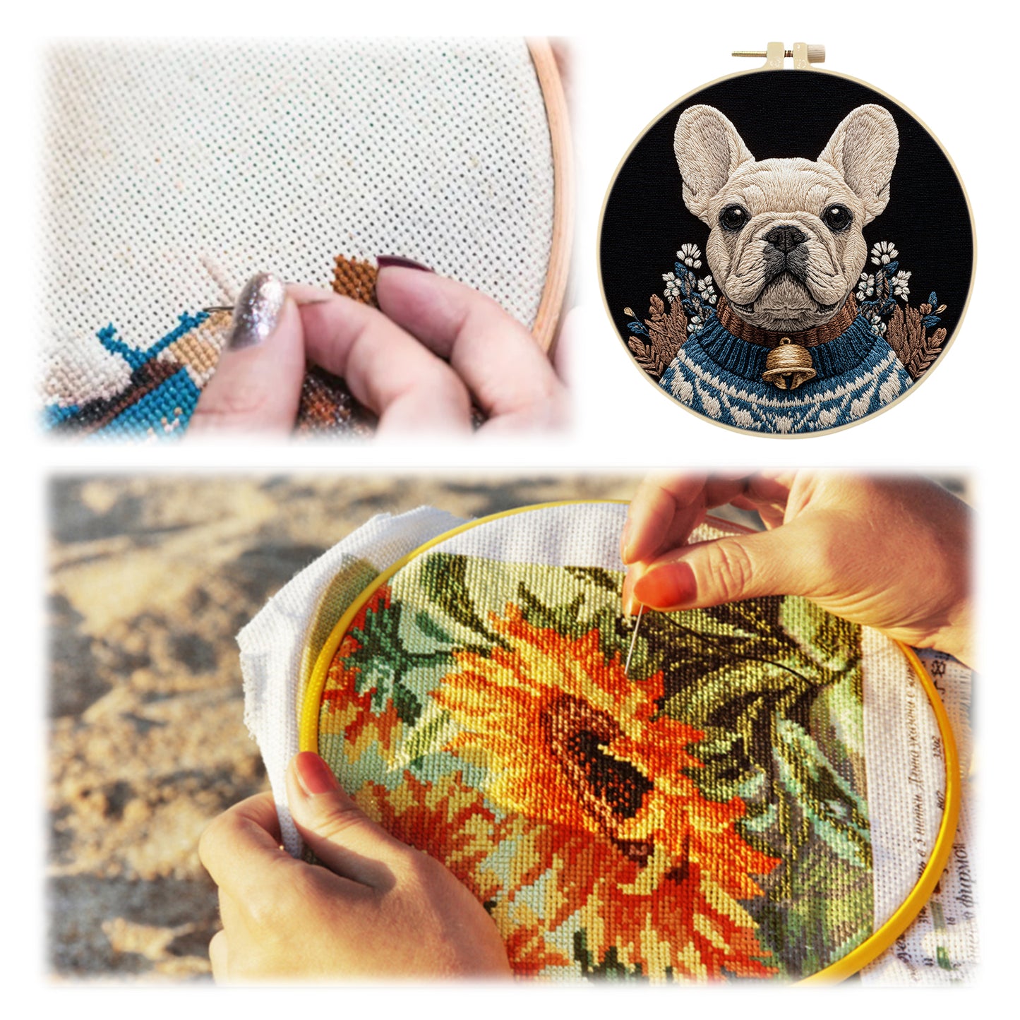 Cozy Frenchie - DIY Embroidery Cross Stitch Kit with Pattern Cotton Threads Needles Hoop 30x30CM/11.81x11.81in