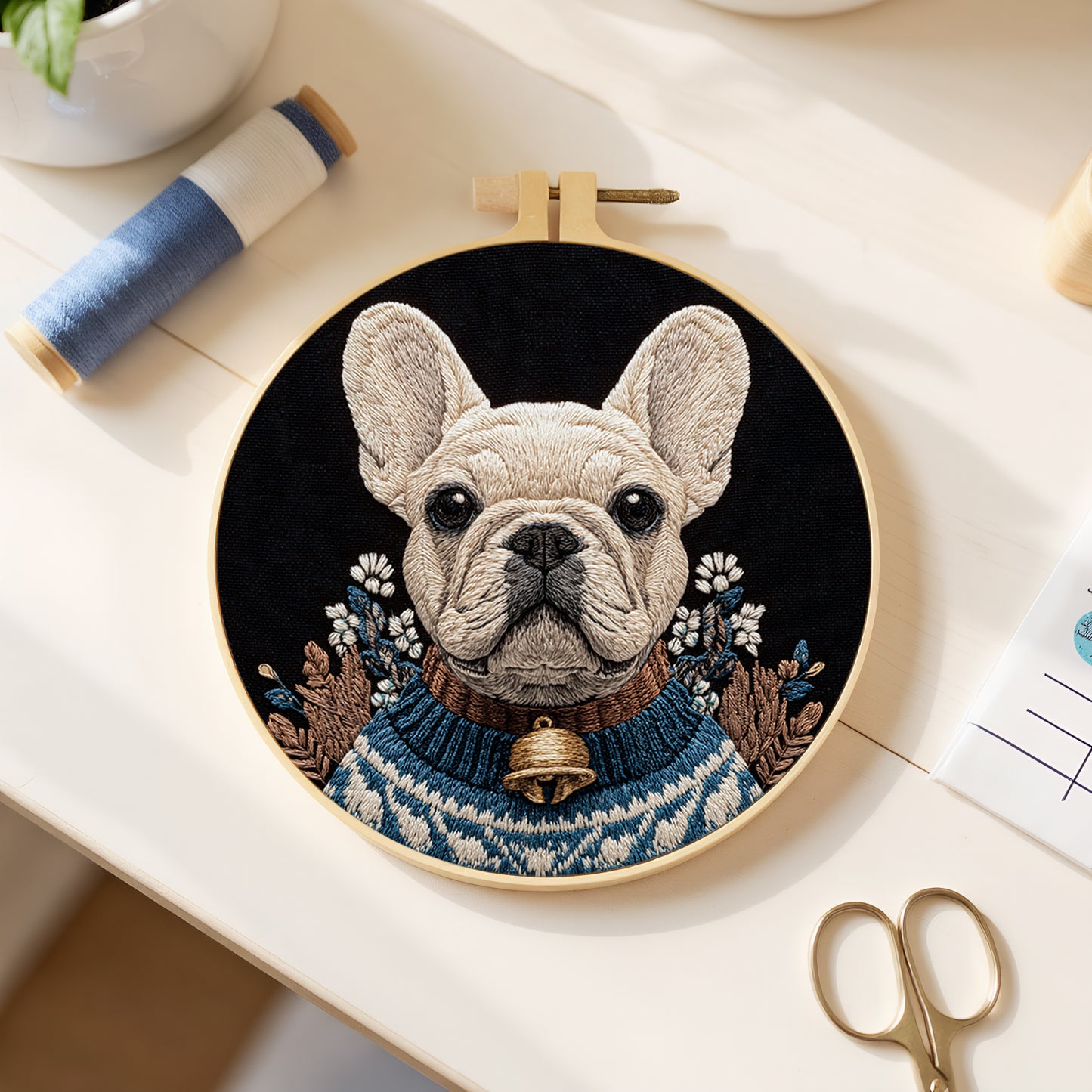 Cozy Frenchie - DIY Embroidery Cross Stitch Kit with Pattern Cotton Threads Needles Hoop 30x30CM/11.81x11.81in