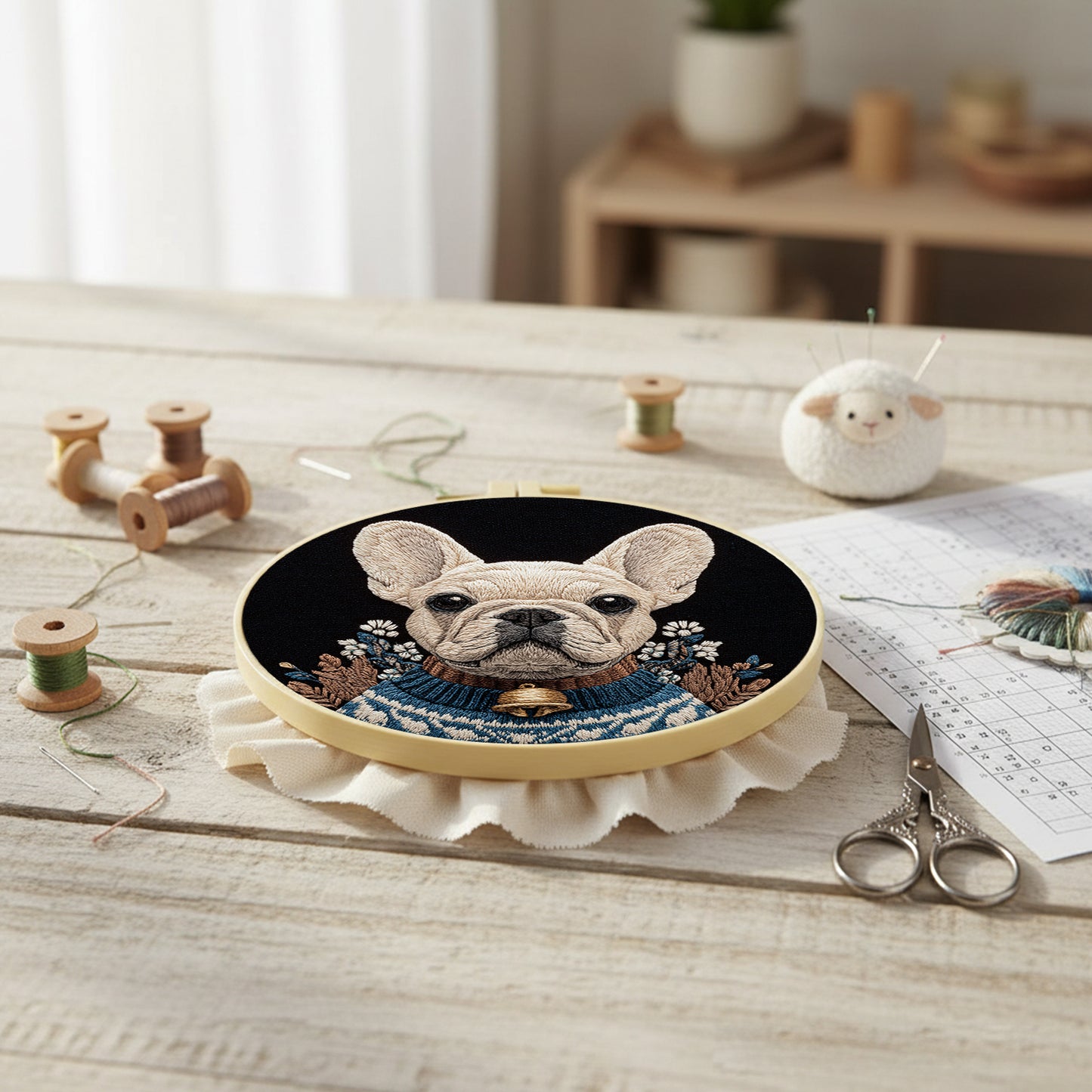 Cozy Frenchie - DIY Embroidery Cross Stitch Kit with Pattern Cotton Threads Needles Hoop 30x30CM/11.81x11.81in