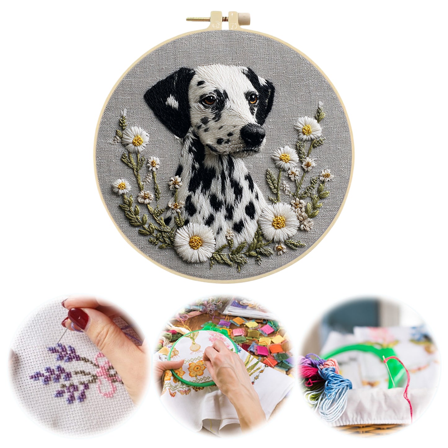 Dalmatian Daisy - DIY Embroidery Cross Stitch Kit with Pattern Cotton Threads Needles Hoop 30x30CM/11.81x11.81in