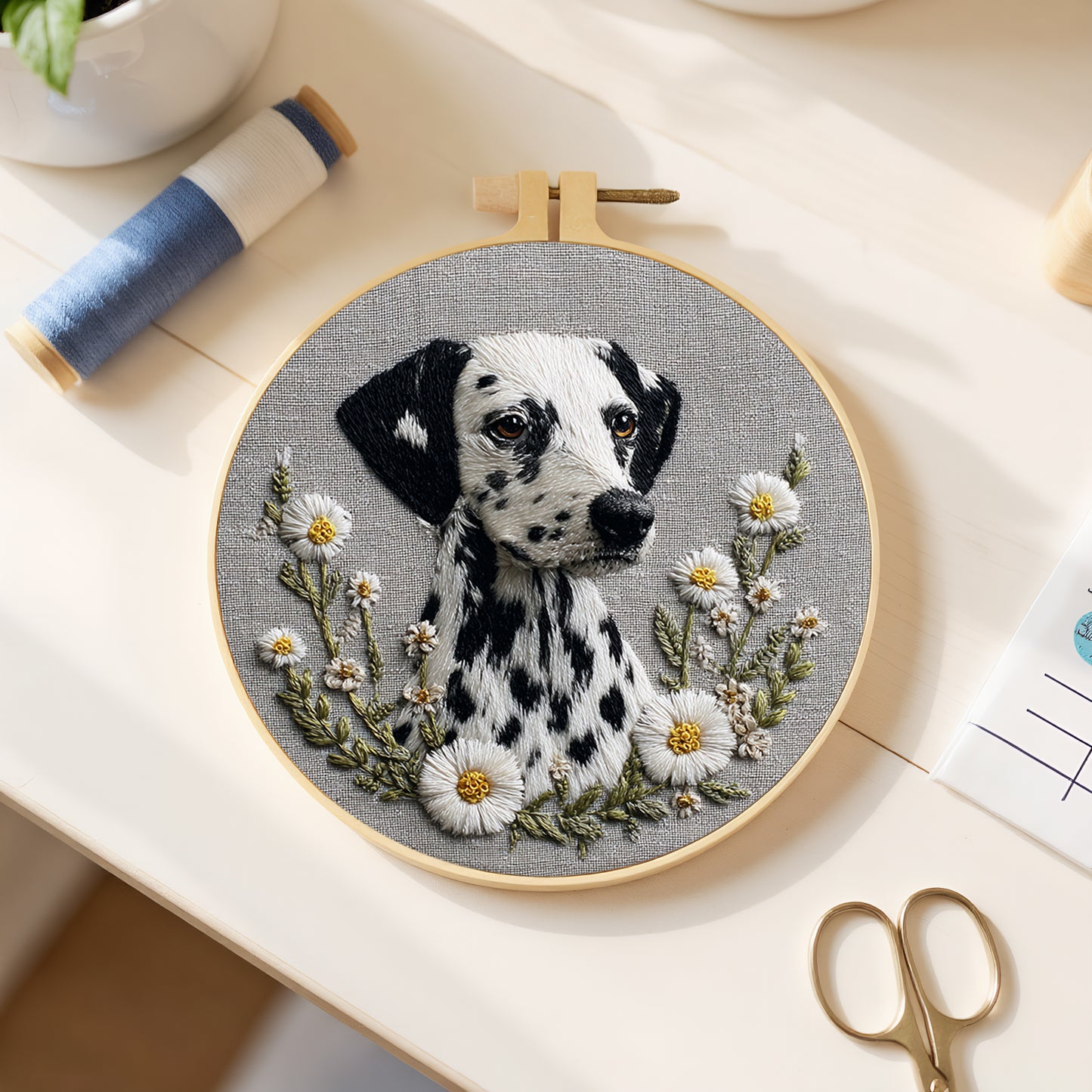 Dalmatian Daisy - DIY Embroidery Cross Stitch Kit with Pattern Cotton Threads Needles Hoop 30x30CM/11.81x11.81in