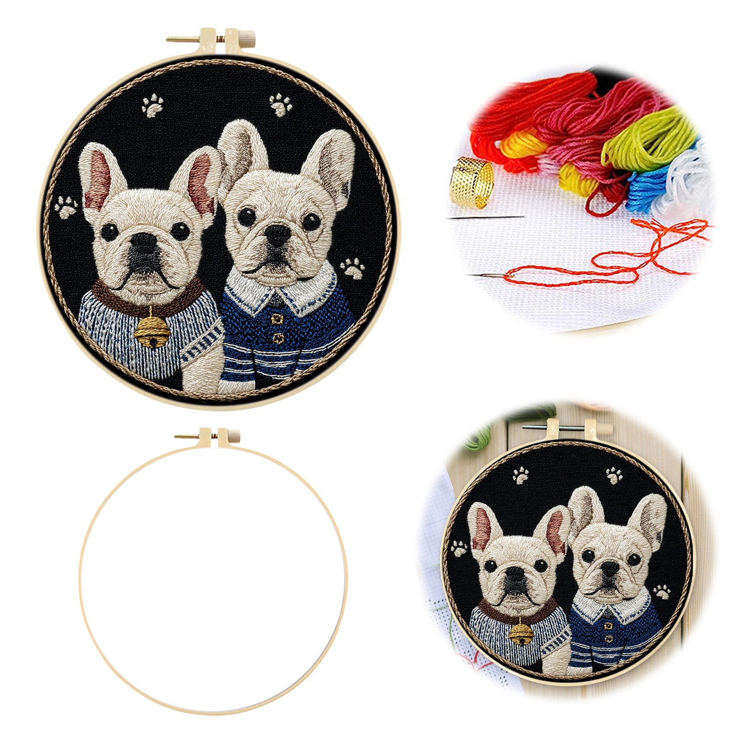 Frenchie Duo - DIY Embroidery Cross Stitch Kit with Pattern Cotton Threads Needles Hoop 30x30CM/11.81x11.81in