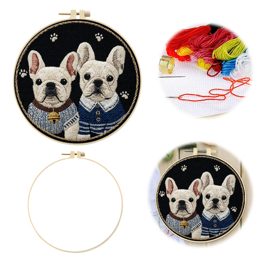 Frenchie Duo - DIY Embroidery Cross Stitch Kit with Pattern Cotton Threads Needles Hoop 30x30CM/11.81x11.81in