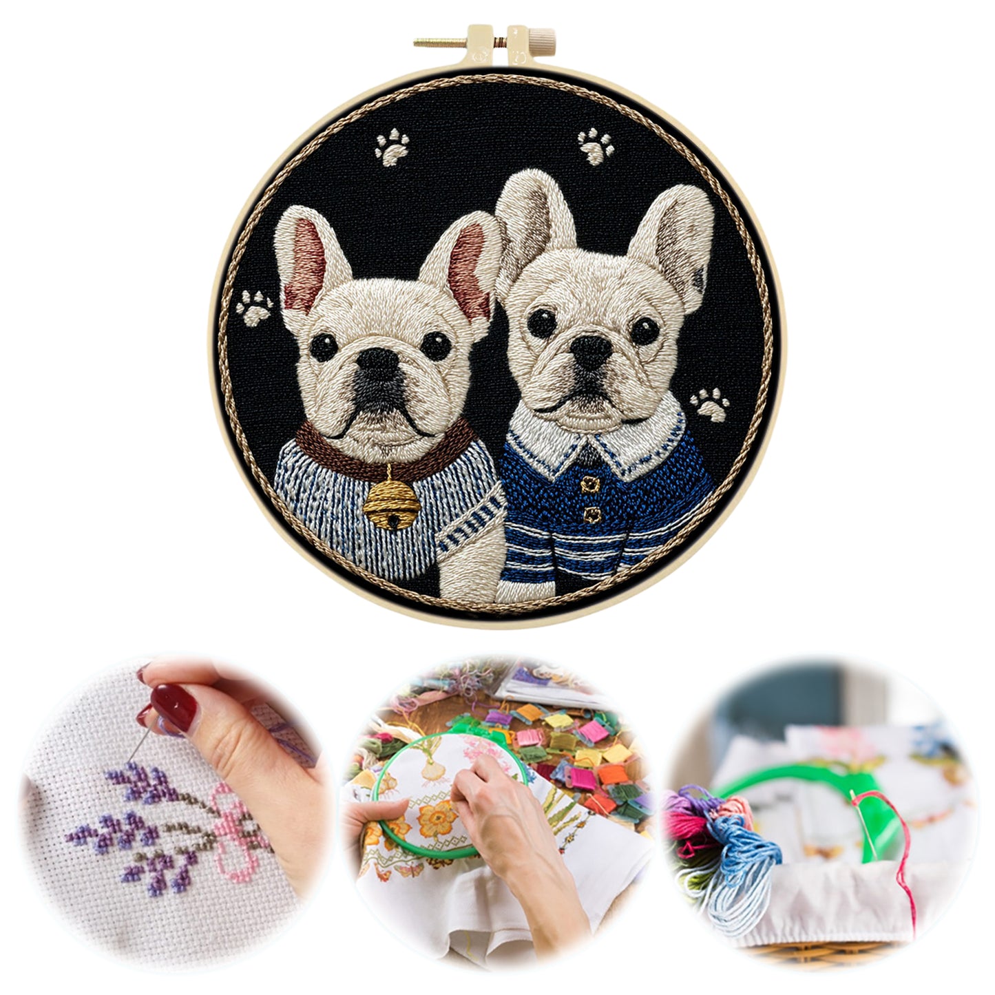 Frenchie Duo - DIY Embroidery Cross Stitch Kit with Pattern Cotton Threads Needles Hoop 30x30CM/11.81x11.81in