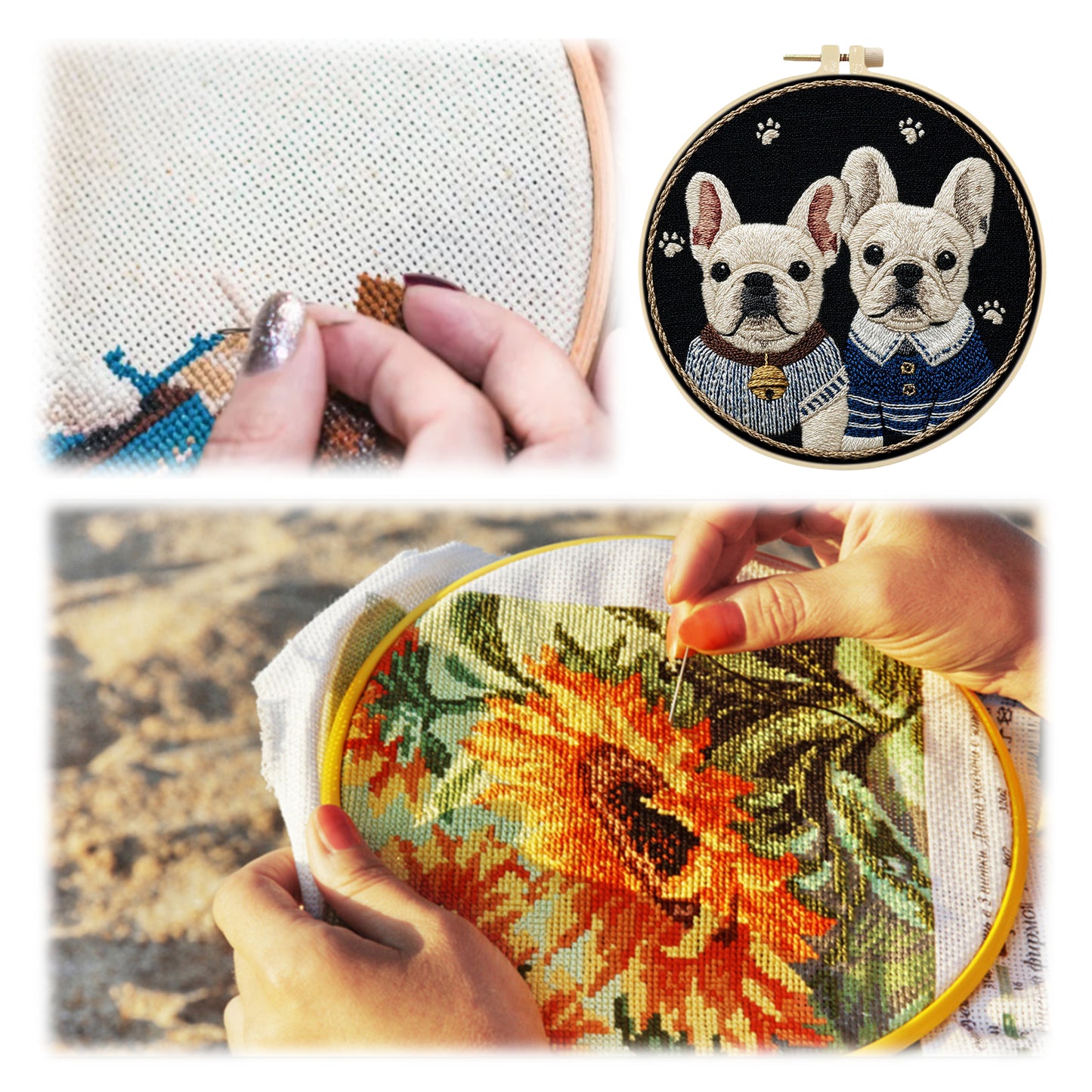 Frenchie Duo - DIY Embroidery Cross Stitch Kit with Pattern Cotton Threads Needles Hoop 30x30CM/11.81x11.81in