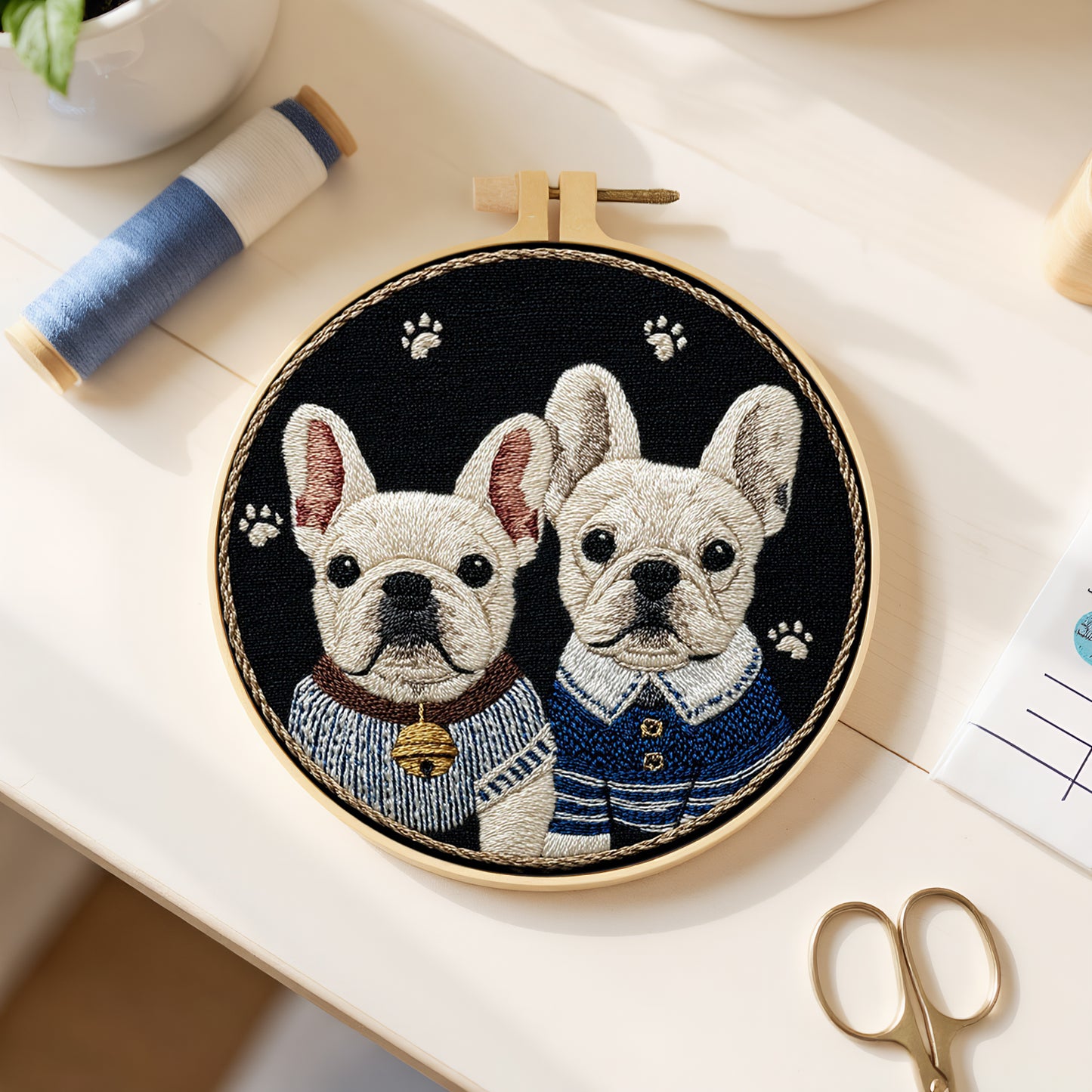 Frenchie Duo - DIY Embroidery Cross Stitch Kit with Pattern Cotton Threads Needles Hoop 30x30CM/11.81x11.81in