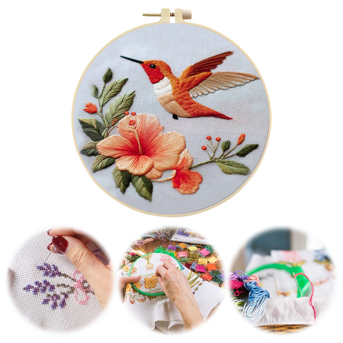 Rufous Hummingbird - DIY Embroidery Cross Stitch Kit with Pattern Cotton Threads Needles Hoop 30x30CM/11.81x11.81in