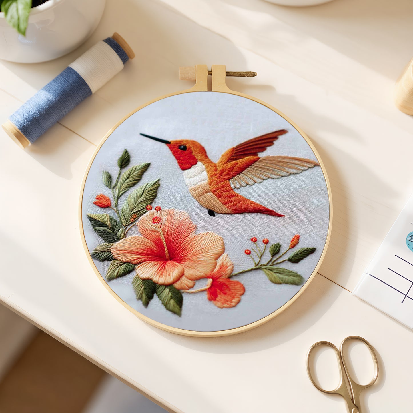 Rufous Hummingbird - DIY Embroidery Cross Stitch Kit with Pattern Cotton Threads Needles Hoop 30x30CM/11.81x11.81in