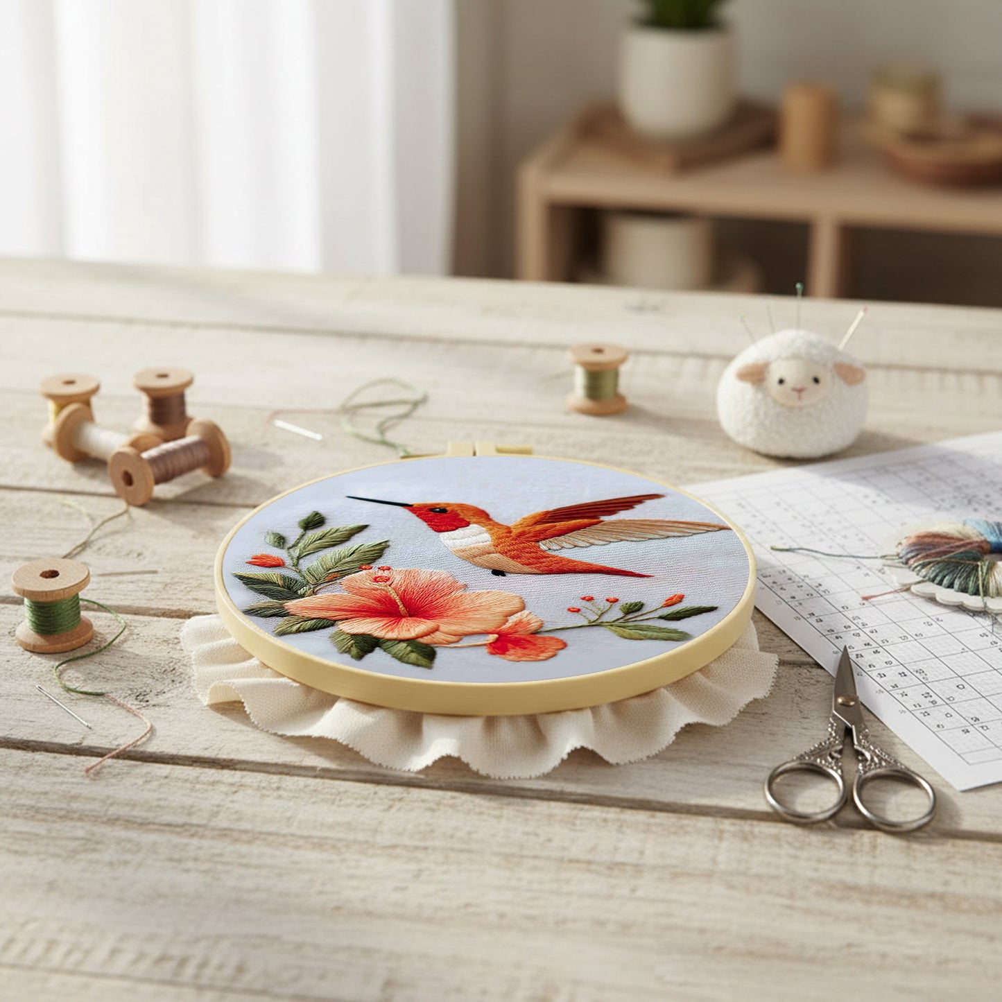 Rufous Hummingbird - DIY Embroidery Cross Stitch Kit with Pattern Cotton Threads Needles Hoop 30x30CM/11.81x11.81in