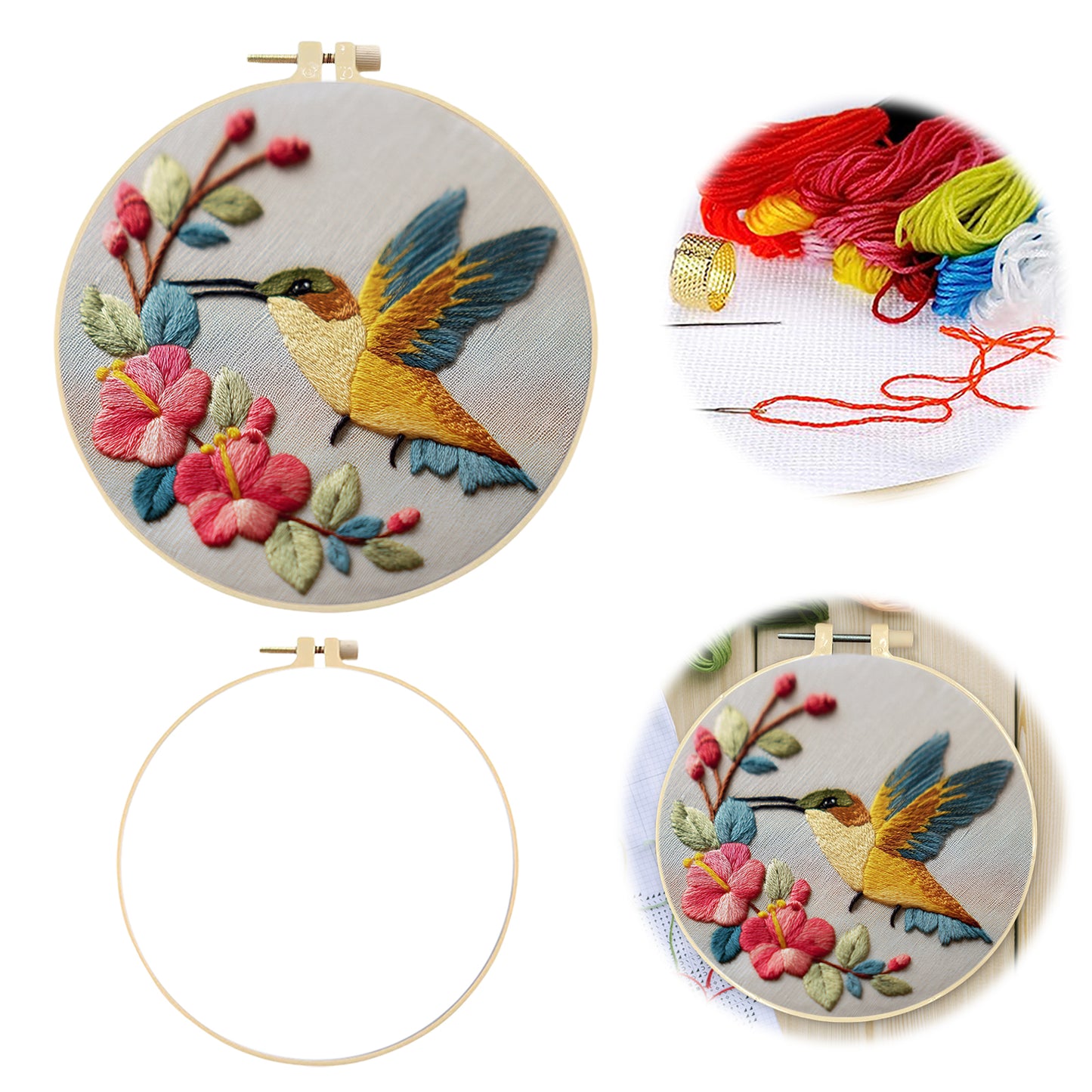 Golden Hummingbird - DIY Embroidery Cross Stitch Kit with Pattern Cotton Threads Needles Hoop 30x30CM/11.81x11.81in