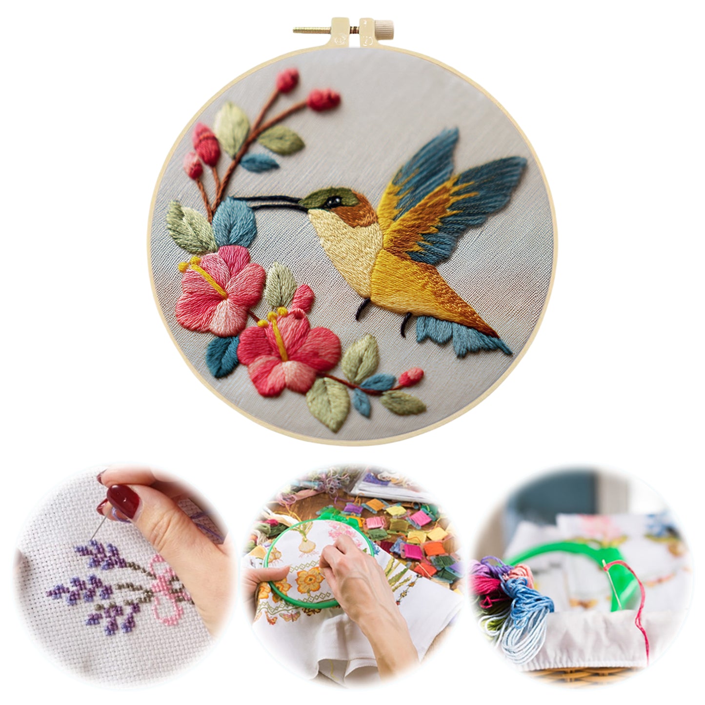 Golden Hummingbird - DIY Embroidery Cross Stitch Kit with Pattern Cotton Threads Needles Hoop 30x30CM/11.81x11.81in